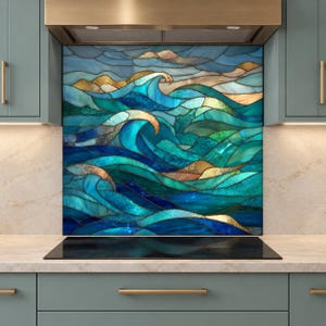 Ocean Wave Stained Glass Backsplash Panel, Coastal Kitchen Stove Wall Protector