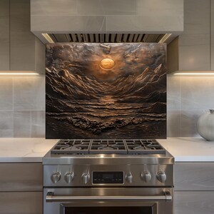 Salpicadero de cristal Bronze Sun Mountain Ocean, arte mural moderno metálico para cocina