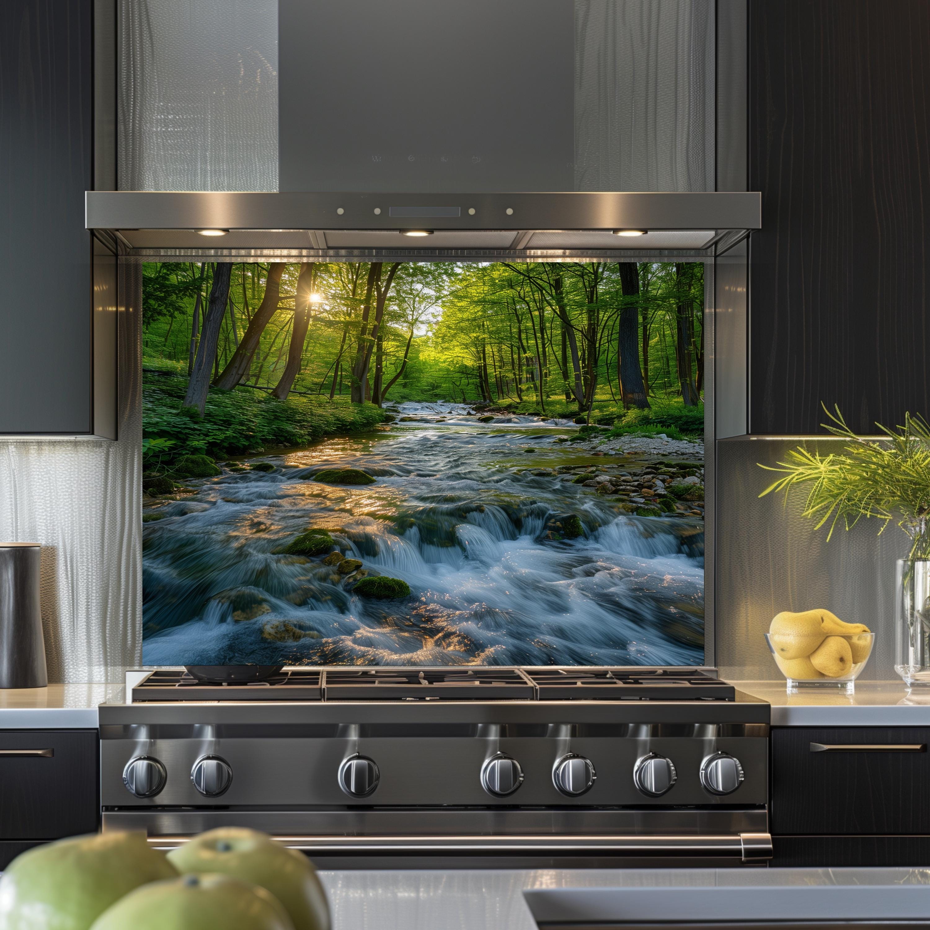 Nature Splashbacks Forest Stream Glass Backsplash, Nature Kitchen Wall Panel, River ...