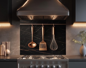 Black Marble Glass Backsplash with Copper Kitchen Utensils Modern Wall Panel