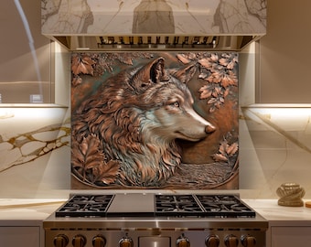 Rustic Wolf Glass Backsplash, Wildlife Kitchen Wall Decor, Cabin Style Panel