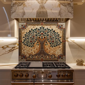 Pode incluir: Um painel de mosaico com um desenho de árvore com tronco castanho, folhas verdes e detalhes vermelhos. O mosaico é colocado sobre um fundo bege e emoldurado com uma borda decorativa. É instalado acima de um fogão a gás de aço inoxidável.