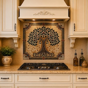 Tree of Life Mosaic Glass Backsplash, Luxury Kitchen Decor, Mediterranean Tile Wall Art