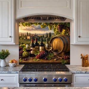 May include: A kitchen backsplash panel featuring a landscape of a vineyard at sunset with a wooden wine barrel, several wine bottles, and glasses of red and white wine arranged on a rustic wooden surface alongside clusters of fresh grapes.
