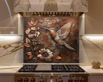 Copper Hummingbird Glass Backsplash, Floral Metal Art Kitchen Wall Panel Decor