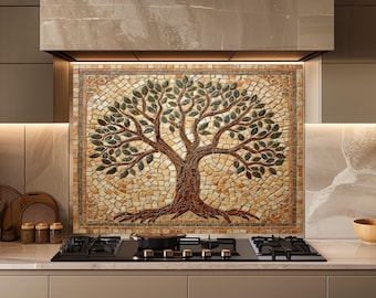 Tree of Life Mosaic Glass Backsplash, Rustic Kitchen Wall Panel Decor