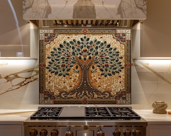 Tree of Life Mosaic Glass Backsplash, Luxury Kitchen Decor, Mediterranean Tile Wall Art