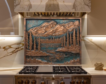 Copper Mountain Lake Glass Backsplash, Rustic Forest Kitchen Wall Art Panel