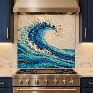May include: A square kitchen backsplash mural featuring a mosaic design of a large crashing ocean wave. The artwork uses various shades of blue, teal, and white tiles to depict the water and sea foam against a light beige, textured background.