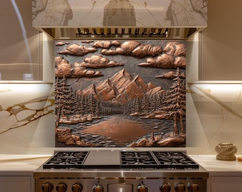 Rustic Copper Mountain Glass Backsplash, Forest Lake Kitchen Wall Art Panel