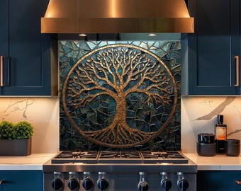Tree of Life Glass Backsplash, Mosaic Kitchen Wall Panel, Blue Gold Decor
