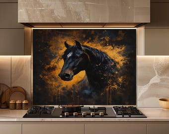 Panel de pared de cocina rústico con diseño de caballo negro, revestimiento de vidrio con motivos ecuestres, decoración moderna de estilo granja.
