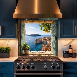 Mediterranean Coastal Glass Backsplash, Lemon Window Ocean View Kitchen Stove Panel