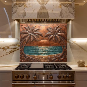 May include: A copper-coloured kitchen backsplash depicting a tropical scene with palm trees, a sunset, and ocean waves. It's mounted above a stainless steel gas range.
