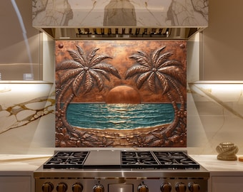 Tropical Sunset Glass Backsplash, Palm Tree Kitchen Wall Panel Decor