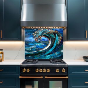 Ocean Wave Glass Backsplash, Blue Sea Stained Glass Kitchen Wall Art Panel