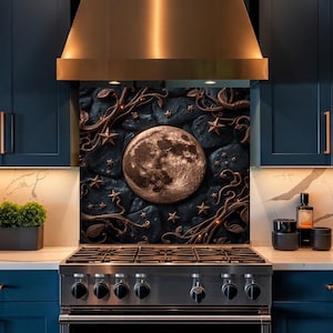 Moon Glass Backsplash, Celestial Kitchen Decor, Gothic Lunar Wall Art Panel