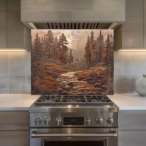 Panel de pared de vidrio rústico con diseño de bosque y arroyo de montaña para la cocina.