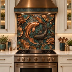 Koi Fish Glass Backsplash, Copper Teal Stove Panel, Japanese Inspired Kitchen Wall Art