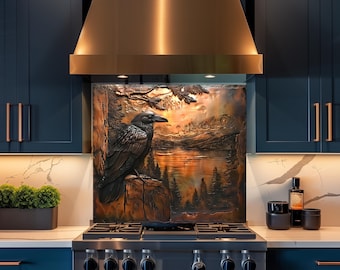 Raven Sunset Glass Backsplash, Copper Forest Lake Rustic Kitchen Panel