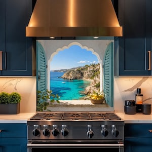 May include: A kitchen splashback panel featuring a printed scene of a Mediterranean coastal view through an arched window with open teal shutters. The image displays turquoise water, rocky cliffs, and a basket of yellow lemons on the sill.