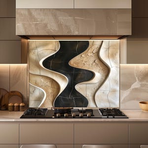 Könnte beinhalten: Eine Küchenrückwand mit einem einzigartigen abstrakten Design. Das Design zeigt ein zentrales schwarzes Wellenmuster, flankiert von beigen und cremefarbenen strukturierten Abschnitten. Die Rückwand ist über einem schwarzen Gasherd installiert.