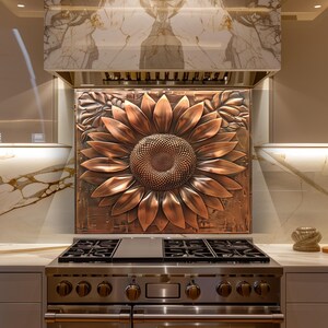 Copper Sunflower Glass Backsplash, Rustic Floral Kitchen Wall Panel Decor