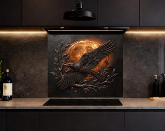 Black Raven Glass Backsplash, Gothic Moon Kitchen Wall Panel Decor, Dark Modern Stove Splashback