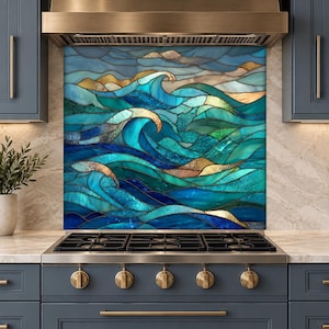 Ocean Wave Glasmalerei Backsplash Panel, Küstenküche Herd Wandschutz