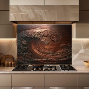 May include: A kitchen splashback showing a detailed, textured depiction of a large ocean wave in shades of brown and copper. The wave is the focal point, with a dark background. It is installed above a black hob.