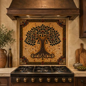 May include: A square wall tile mural featuring a mosaic tree of life design with a dark brown trunk, dark green leaves, and small red accents set against a light tan background, framed by a decorative border with blue and red floral details.