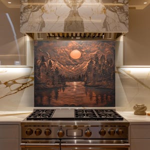 Salpicadero de cristal Copper Mountain Forest Lake, decoración rústica de pared de cocina con puesta de sol.
