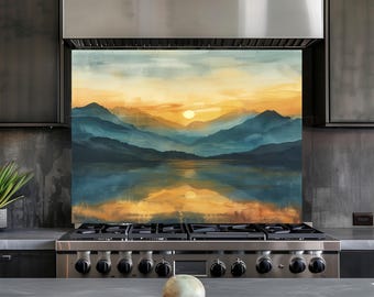 Mountain Lake Sunset Glass Backsplash, Scenic Nature Kitchen Stove Wall Panel