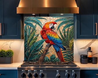 Colorful Parrot Glass Backsplash, Tropical Bird Kitchen Wall Decor, Mosaic Jungle Art