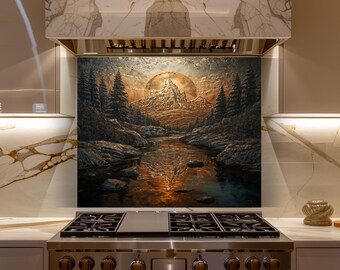 Mountain River Glass Backsplash, Rustic Kitchen Wall Art, Sunset Mountain Scene Decor
