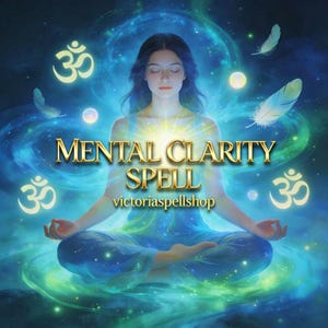 May include: Digital art featuring a woman meditating in a lotus position, surrounded by swirling blue and green energy. The text "MENTAL CLARITY SPELL" is displayed in gold, with the shop name "victoriaspellshop" below.