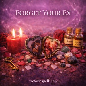Puede incluir: Una composición romántica con dos velas rojas encendidas, marcos de fotos en forma de corazón y pequeñas botellas de vidrio etiquetadas como "Rose" y "Ylang Ylang". La imagen está sobre un fondo púrpura con el texto "FORGET YOUR EX".