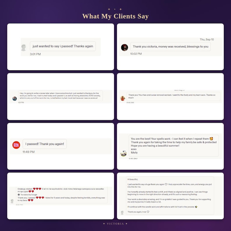 May include: A digital graphic titled What My Clients Say featuring eight white rectangular text boxes containing customer testimonials. The messages express gratitude and positive feedback regarding services received, set against a dark purple background.