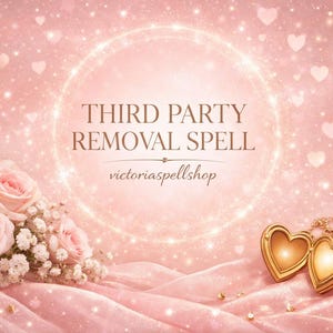 May include: A romantic image with a pink and gold theme. The text reads "THIRD PARTY REMOVAL SPELL" and "victoriaspellshop". Features include a bouquet of pink roses, a gold heart-shaped locket, and a sparkling background.