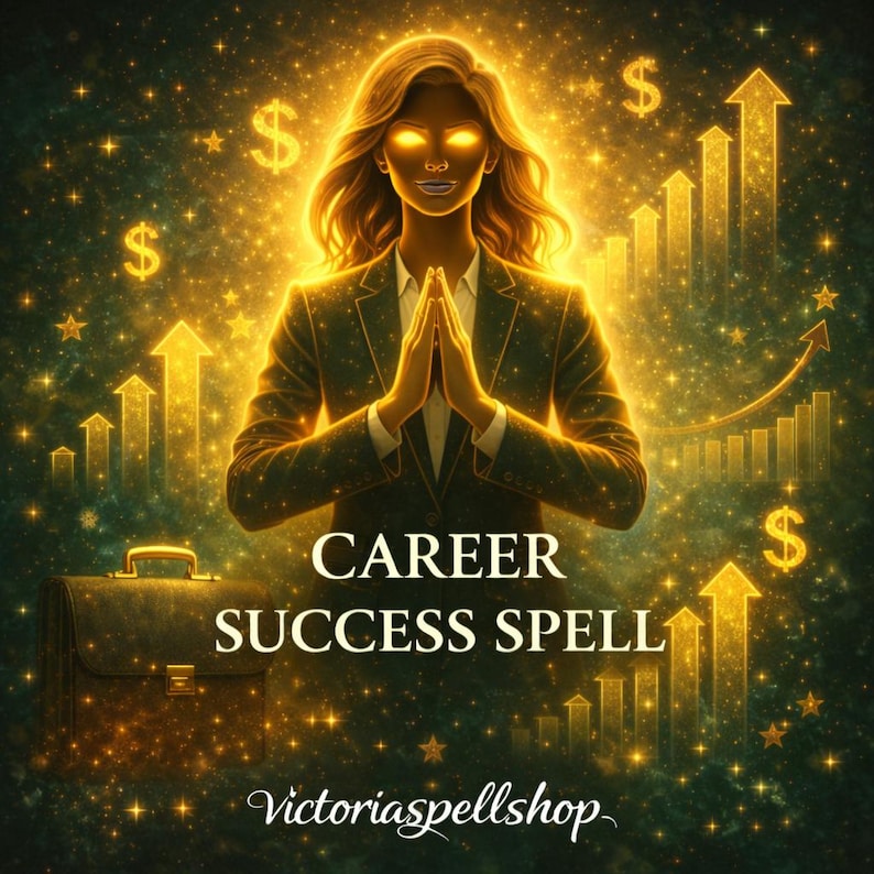 Puede incluir: Ilustraci&oacute;n digital de una figura brillante en traje, con las manos juntas en oraci&oacute;n. El texto "CAREER SUCCESS SPELL" se muestra, junto con s&iacute;mbolos de d&oacute;lar y flechas ascendentes. El nombre de la tienda "Victoriaspellshop" est&aacute; en la parte inferior.