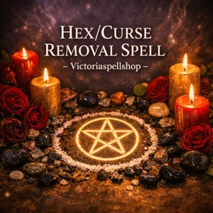 Peut inclure: Une image d'un arrangement mystique pour un sort de suppression de hex ou de malédiction. La scène comprend des bougies allumées, des roses rouges et un pentagramme brillant. Le texte indique "Hex/Curse Removal Spell - Victoriaspellshop -."