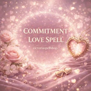 May include: A pink and gold image with the words "COMMITMENT LOVE SPELL" and "victoriaspellshop". The image features a heart-shaped pendant, two gold heart charms, and pink roses. The background is a shimmering pink.