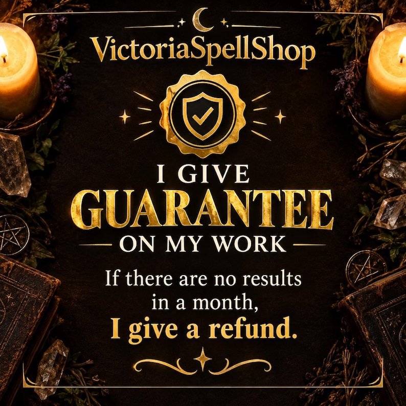 May include: A black graphic with gold text reading VictoriaSpellShop, I GIVE GUARANTEE ON MY WORK, and If there are no results in a month, I give a refund. The design features a gold shield icon with a checkmark, two lit candles, and crystals.
