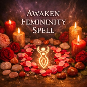 Könnte beinhalten: Ein Bild mit dem Text „AWAKEN FEMININITY SPELL“. Das Bild zeigt brennende Kerzen, rote Rosen, Rosenblätter und Steine, die um ein leuchtendes Symbol angeordnet sind. Der Hintergrund ist eine dunkle, sternenklare Nacht.