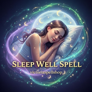 Könnte beinhalten: Illustration einer schlafenden Frau auf einem Kissen, umgeben von einem himmlischen Design. Das Bild zeigt einen Vollmond, Sterne und den Text "SLEEP WELL SPELL" und "victoriaspellshop". Die Farbpalette umfasst Blau-, Lila- und Goldtöne.