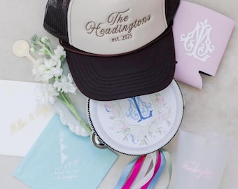 Personalizowane kapelusze ślubne – zamówienie hurtowe, haftowane spersonalizowane kapelusze, upominki dla gości weselnych, kapelusze na wieczór kawalerski, kapelusze na weekendowy wieczór panieński