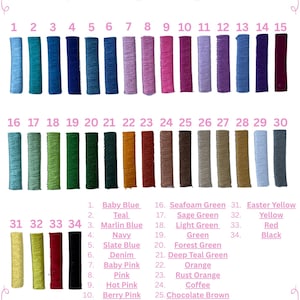 Może przedstawiać: Tabela kolor&oacute;w nici z 34 r&oacute;żnymi kolorami, ułożonymi w pionowych kolumnach. Kolory wahają się od jasnoniebieskiego do czarnego, z nazwami takimi jak "Baby Pink", "Forest Green" i "Chocolate Brown" poniżej.