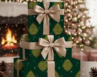 Kerstcadeaupapier groen en goud, elegant kerstcadeau voor haar, moeder, luxe winterboomdesign