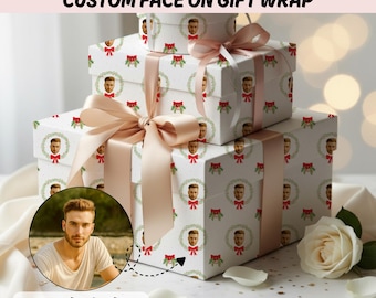 Custom Face Christmas Wrapping Paper Personalized Photo Gift Wrap Wreath Holiday Present For Him Her Family
