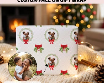 Personalized Christmas Photo Wrapping Paper, Custom Family Picture, Holiday Wreath and Red Bow, Festive Keepsake for Parents